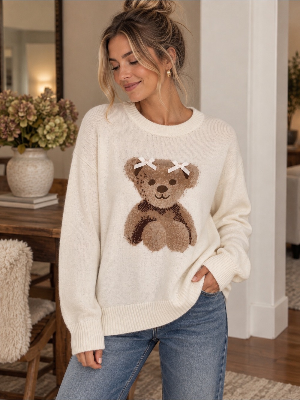 Sincerely Jules Teddy Bear Bow Sweater Medium Cream Oversized Knit